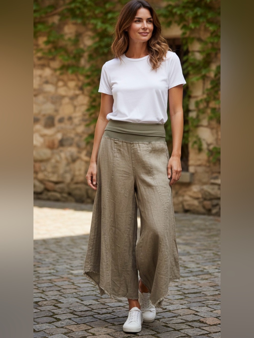 Wide-Leg Linen-Blend Palazzo Pants in Olive best to fit a Small inseam 28